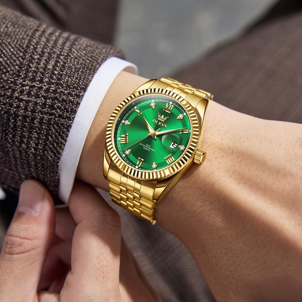 OLEVS Quartz Watch for Date Stainless Business Watch for Gold Green Men, Waterproof, Display, Luminous, Steel, Popular, Stylish, Fashionable, Men, &