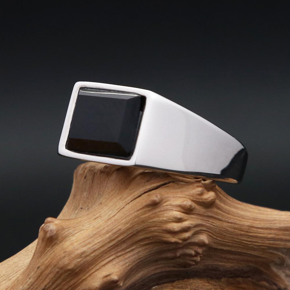 Gotische Punk Edelstahl Quadratische Stempel Fingerringe Für Männer Frauen Klassischer Schwarzer Stein Ring Partner Party Schmuck