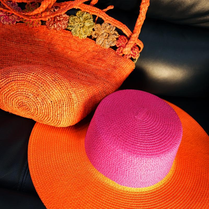 European And American Contrasting Colors Rose Red Splicing Orange Flat Top Top Top Hat Women'S Summer Vacation Beach Seaside Straw Hat Wide Brim Retro