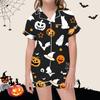 Kids Halloween Print Short Sleeve Pajama Set with Lapel Collar Top and Matching Shorts