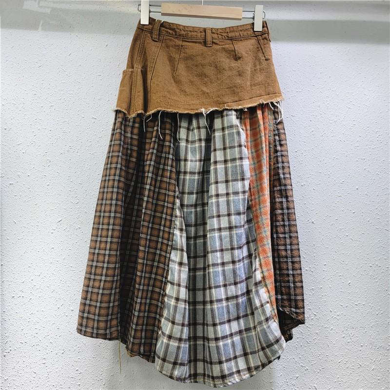 Womens Patchwork Plaid Denim Midi Skirt High Waist A-Line Slim Fit Street Style