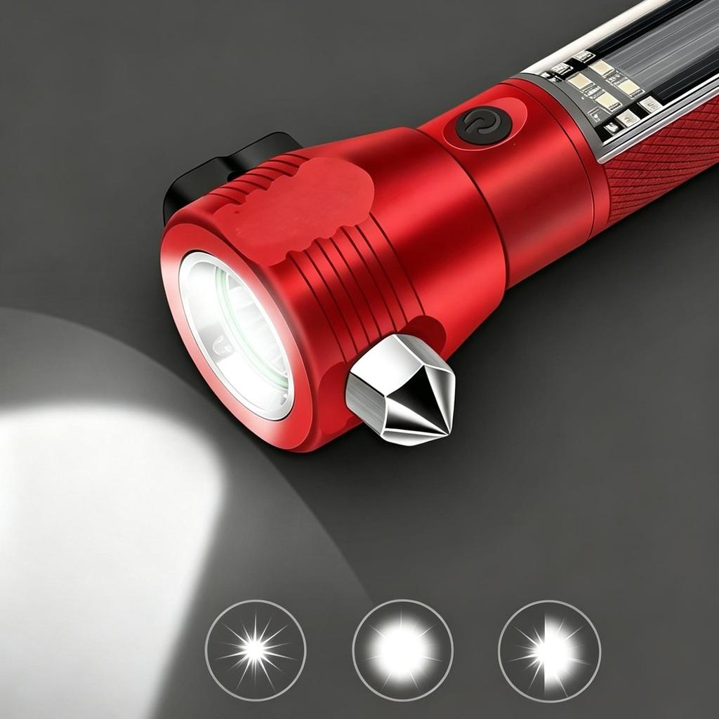 500 Meters High Brightness Beam Solar Powered Flashlight Red Blue Warning Strobe Lights Compass