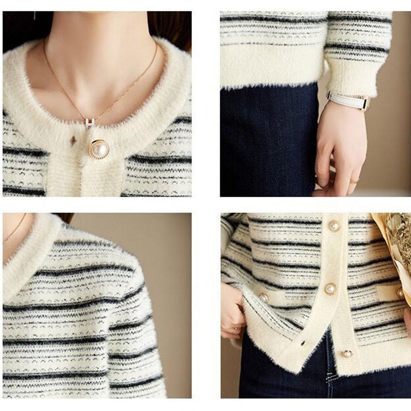 Koreańska Jesienno-Zimowa Dzianinowa Kurtka Damska Casual Długi Rękaw Paski Imitacja Norki Aksamit Kardigan Sweter Damskie Topy