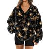 Women's Fashionable V-neck Christmas Printed Long Sleeved Casual Pullover Plush Warm Pocket Sweatshirt Top