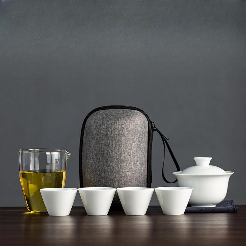 Dehua White Porcelain Travel Tea Set Outdoor Travel Portable Glass Quick Cup Cover Bowl Small Three Cups
