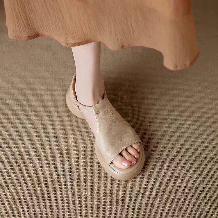 Huge Good-looking Soft Leather Soft-soled Retro Casual Open-toed Sandals Women's Summer Medium Heel Thick-soled Fish Mouth Roman Shoes Are Not Tired