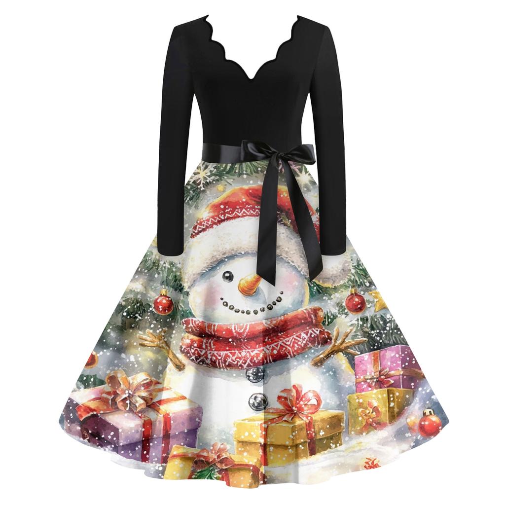 Women's Casual Fashion Christmas Holiday Print V-neck Vintage Dress
