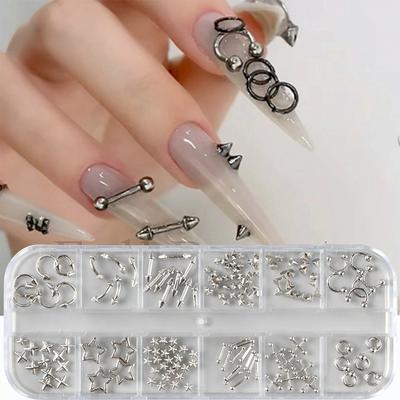 12 Grids Gothic Punk Retro Metal Nail Jewellery 3D Gold Silver Nail  Accessories Diy Glamour Nail Decoration