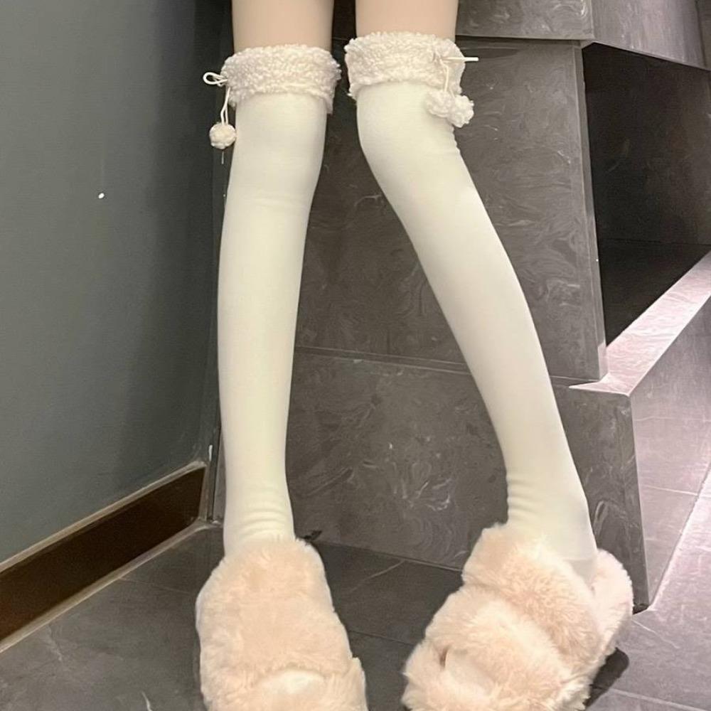 1 Pair Wool Ball Knee High Socks Vertical Stripe Plush Stockings Cute Over Knee Socks Women Girl