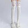 White Long Socks with Blue Ribbon, Bow Lace, and Flower Accents in Lolita Ballet Style