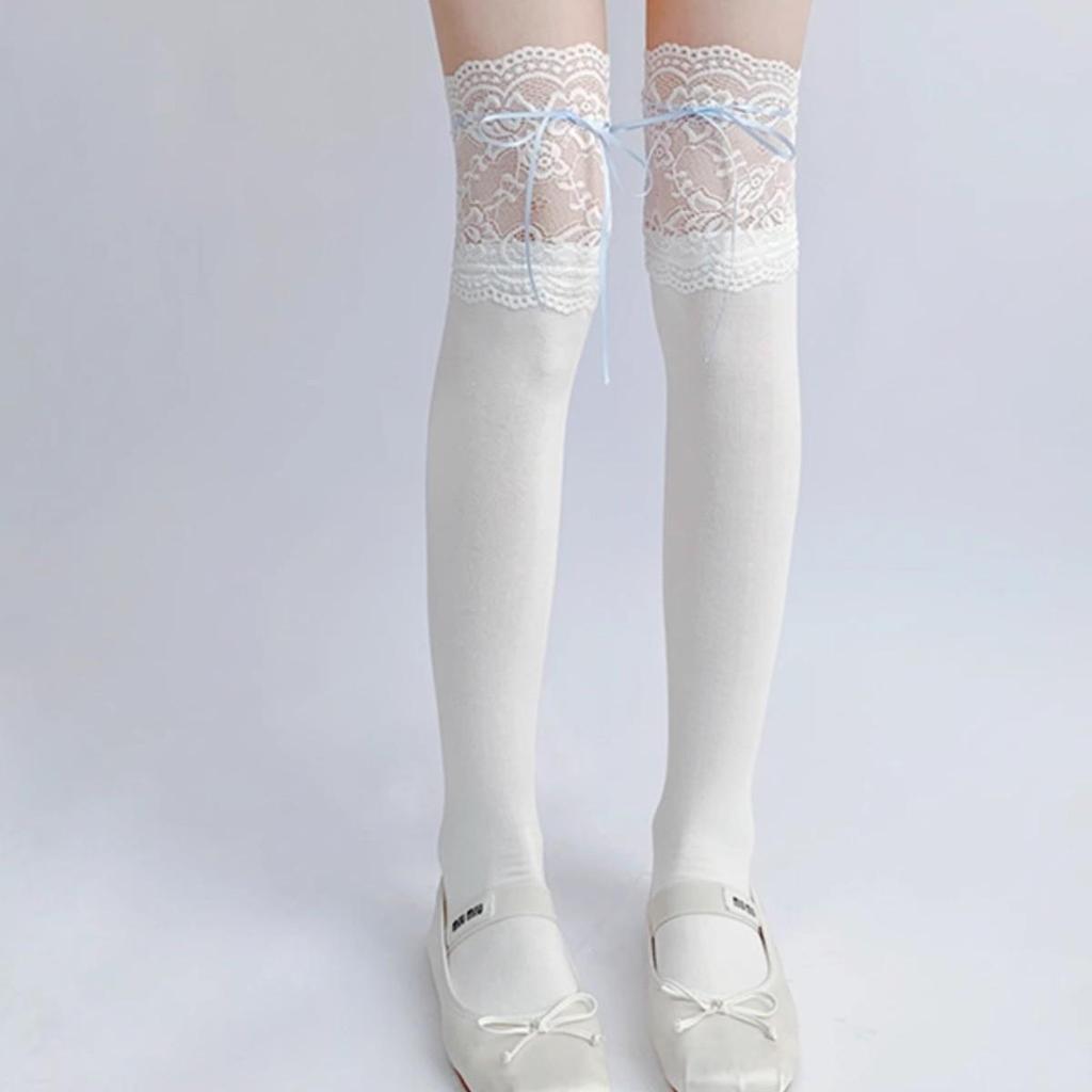 White Long Socks with Blue Ribbon, Bow Lace, and Flower Accents in Lolita Ballet Style