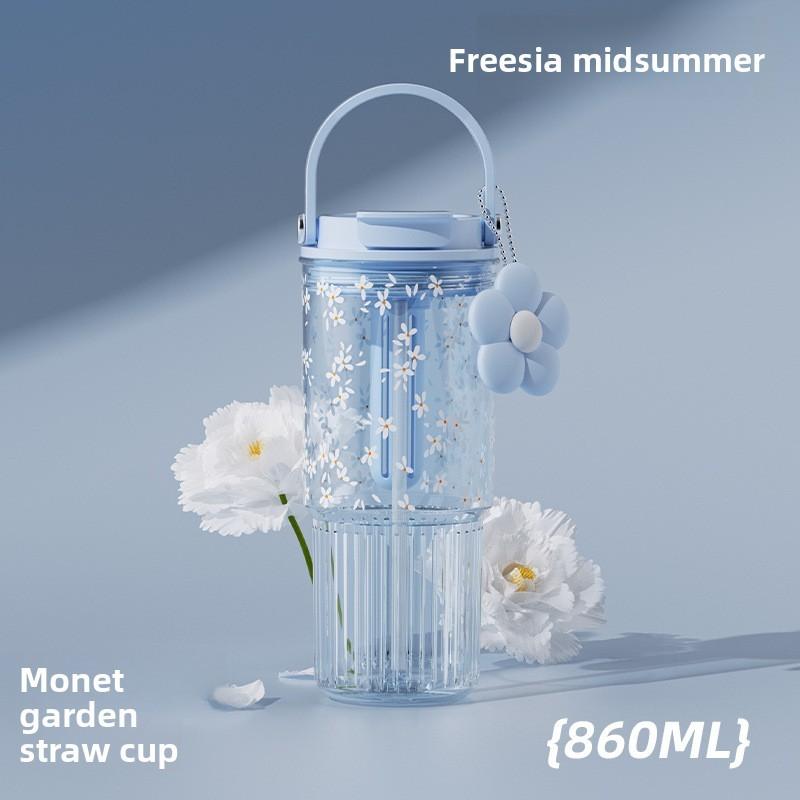 Термокружка Monet Garden 860 мл из Tritan с трубочкой и герметичной крышкой для улицы и путешествий синий