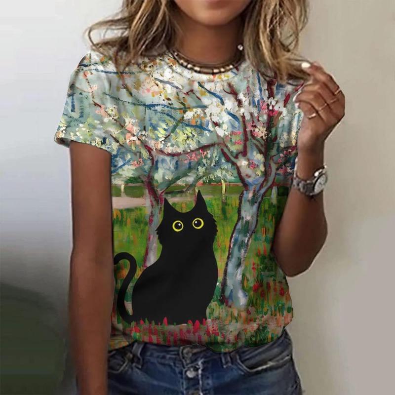Women's T-shirt Summer Round Neck Clothing Cat Printed Cartoon Top Loose Breathable Casual Short Sleeve Loose Elegant T-shirt