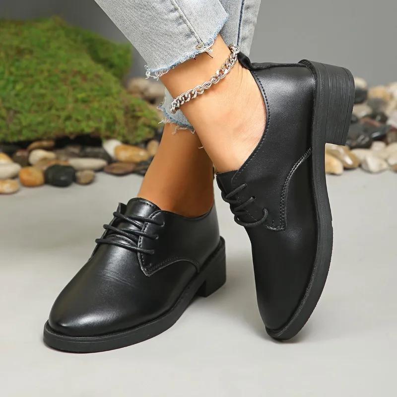 Mode 2024 Frühling und Herbst Hochwertige Damenschuhe Spitzschuh Einfarbig Niedriger Absatz Schnürschuh Lässig Vielseitige Damen Loafer