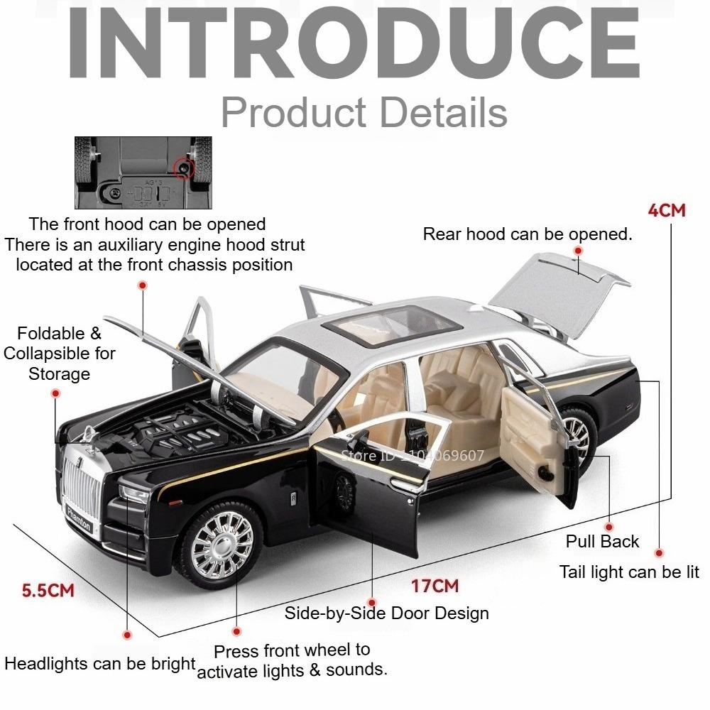 1:32 Model Toy Car Rolls-royce Phantom Silver Spur Alloy Diecast Sound Light Doors Opened Pull Back Simulation Vehicles for Kids