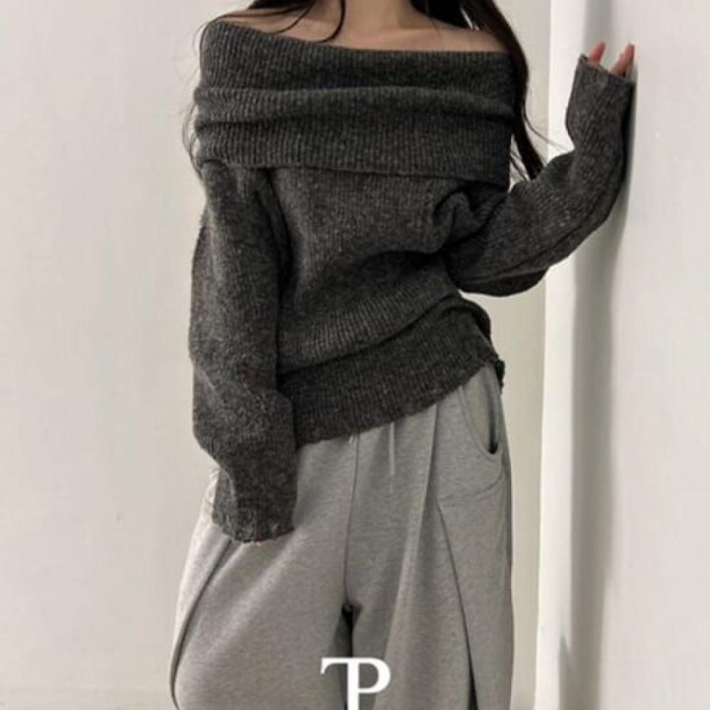 The Pink Loose Fit Damage Wool Mohair Off Shoulder Knit