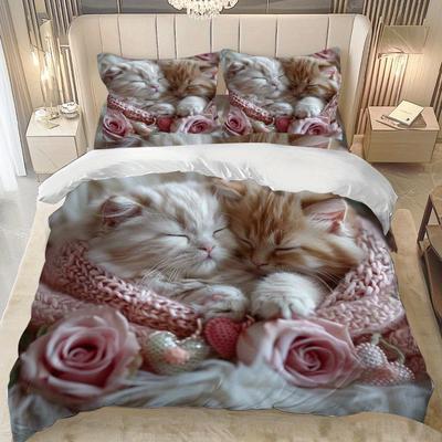 Lifesmells 2/3Pcs Adorable Sleeping Kittens Duvet Cover Set Sweet Kitten Pattern Bed Cover Set Cozy And Charming Bedding Set