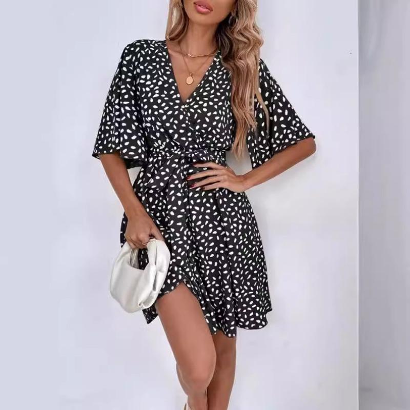 Fashion Polka Dot Printed Summer Dress Short Sleeved V-neck Lace-up Slim Waist Versatile Casual Loose Simple A-line Party Short Dress Elegant Female