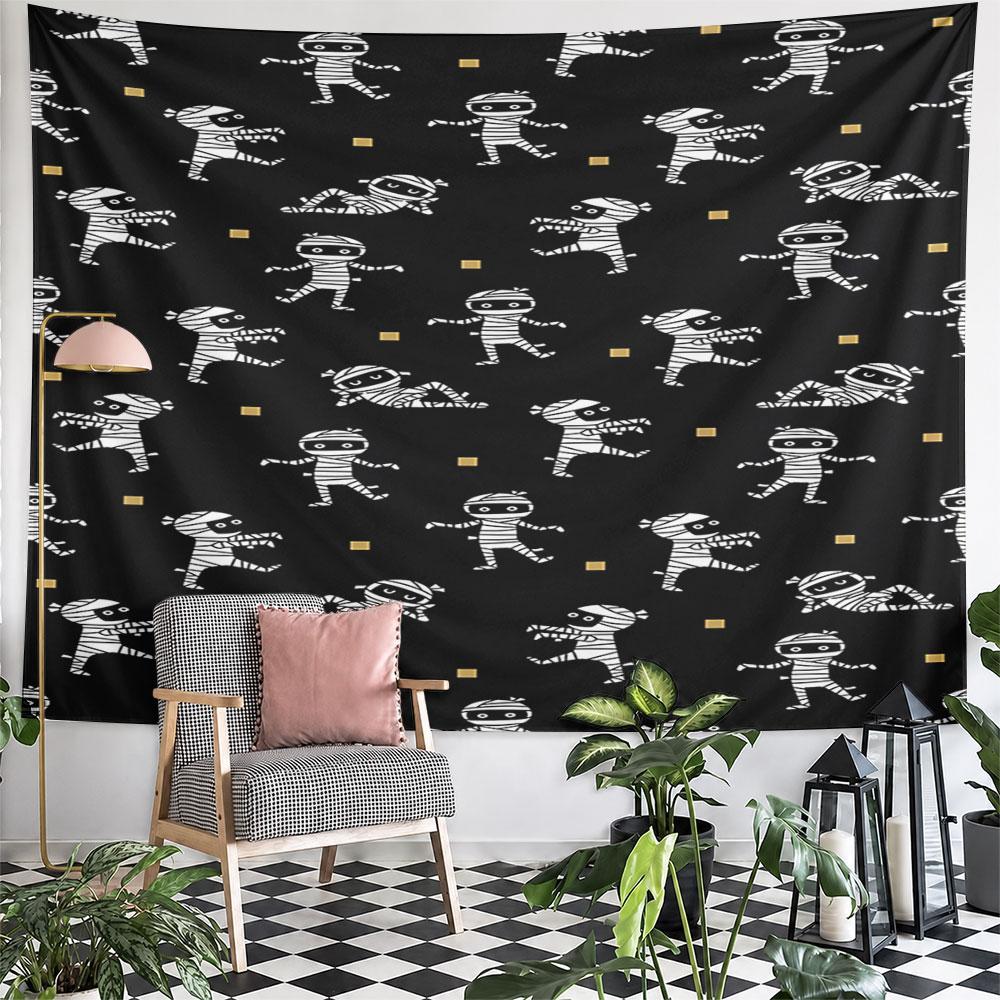Cartoon Mummy Pattern on Black Background Pattern Wall Hanging Tapestry Decorative Tapestry Home Decor for Bedroom and Living Room