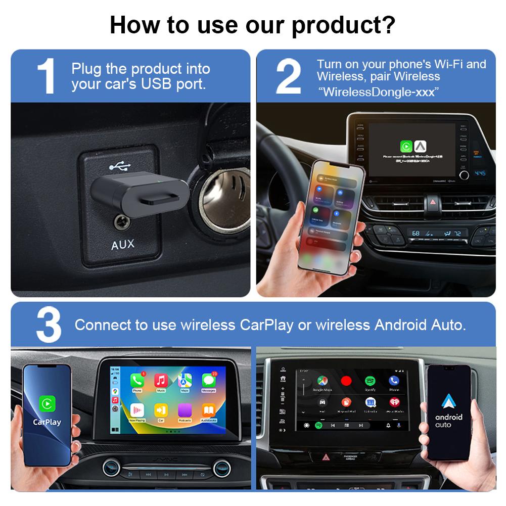 2 in 1 Wired to Wireless CarPlay Android Auto Adapter for OEM Car Stereo Plug and Play Smart Link Fast Connect Universal Adapter