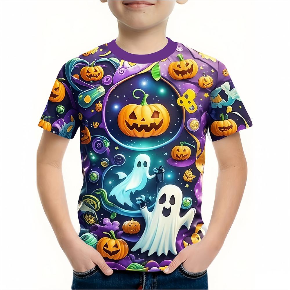 Boys' clothing, funny and terrifying pumpkin pattern T-shirt, boys' and girls' Halloween short sleeved shirt, children's Halloween gift party T-shirt