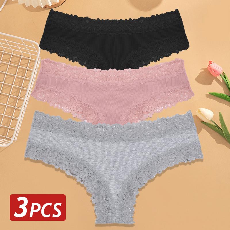 3PCS/Set Women Cotton Panties Floral Lace Brazilian Panties Sexy Low Waist Lingerie Female Soft Underwear Solid T-Back Bikini