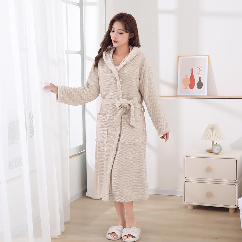 Four Seasons Merbau Hooded Coral Fleece Bathrobe: Thick, Wearable Bath Towel with Cross Tie and Long Sleeves.