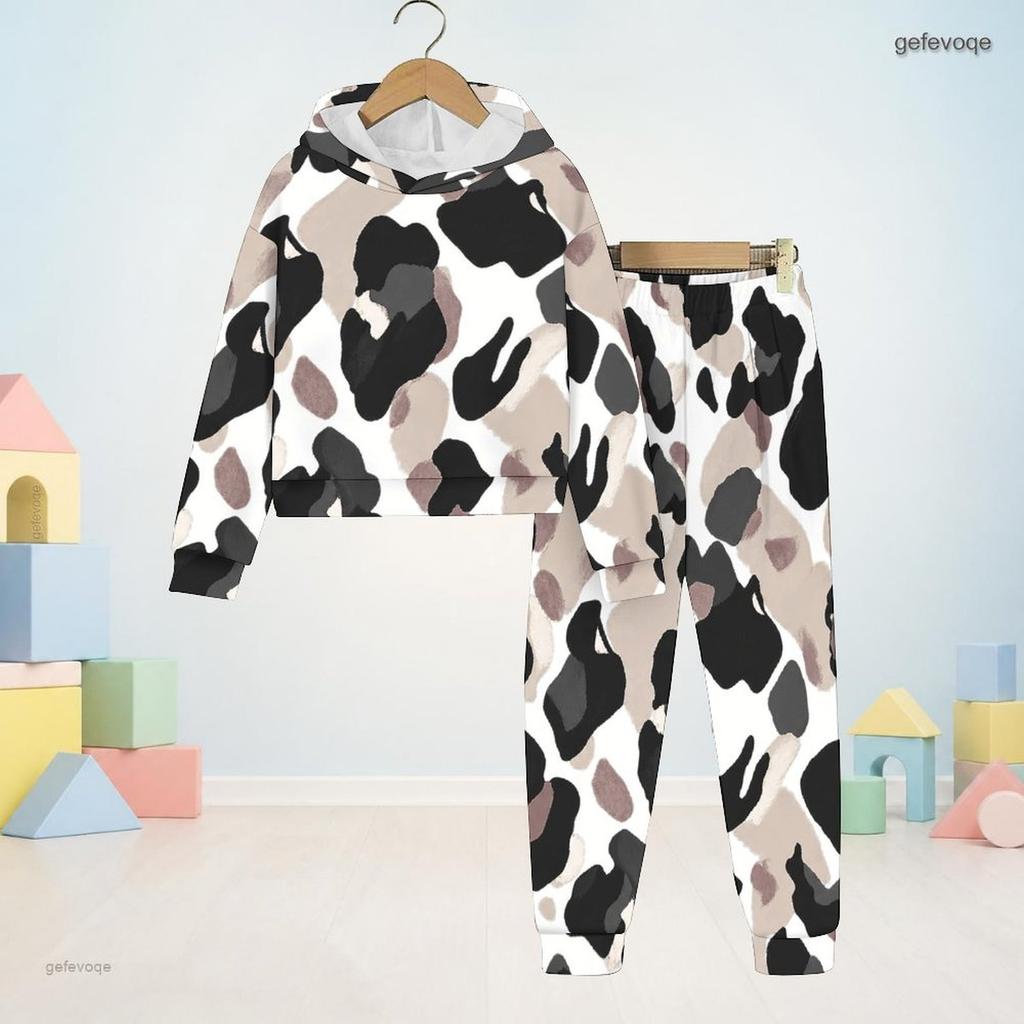 Boys Girls Blue White Printed Hooded Long Sleeve Sweatshirt Cuffed Pants Two Piece Set