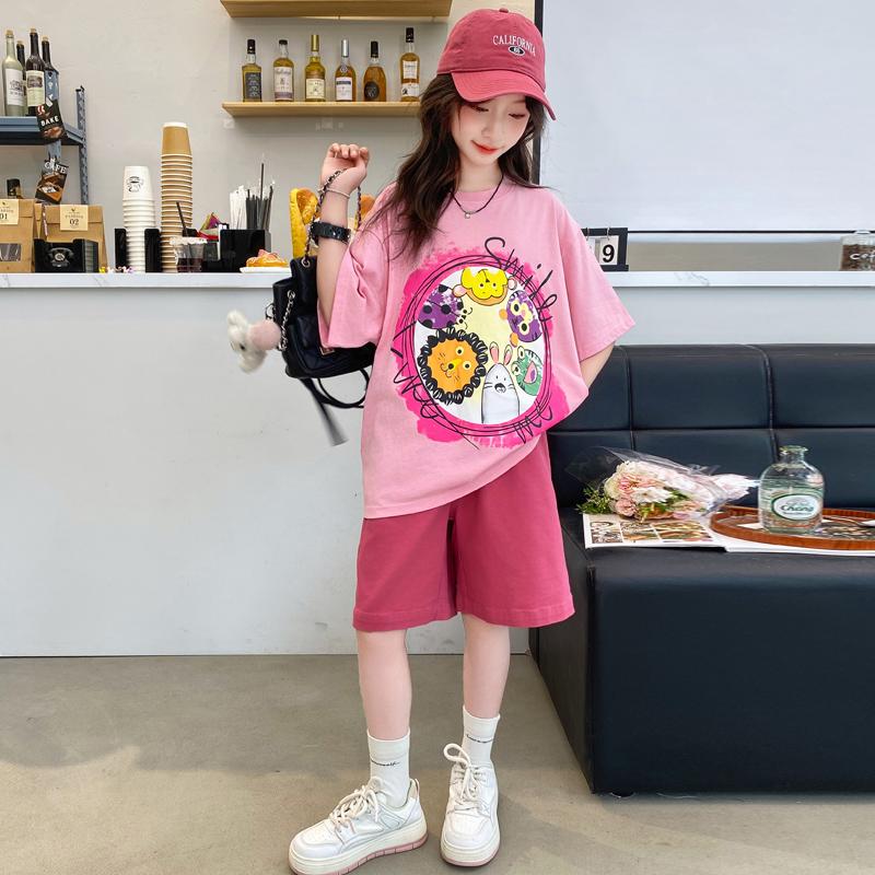 Girls' shorts set, summer new style, children's wear, summer wear, sports girl, big girl, stylish summer style, short sleeved two-piece set