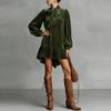 Rochii Mini A-line Largi la Modă pentru Femei Toamnă Iarnă Mânecă Lungă Guler Uni Rochie Scurtă Verde Elegantă