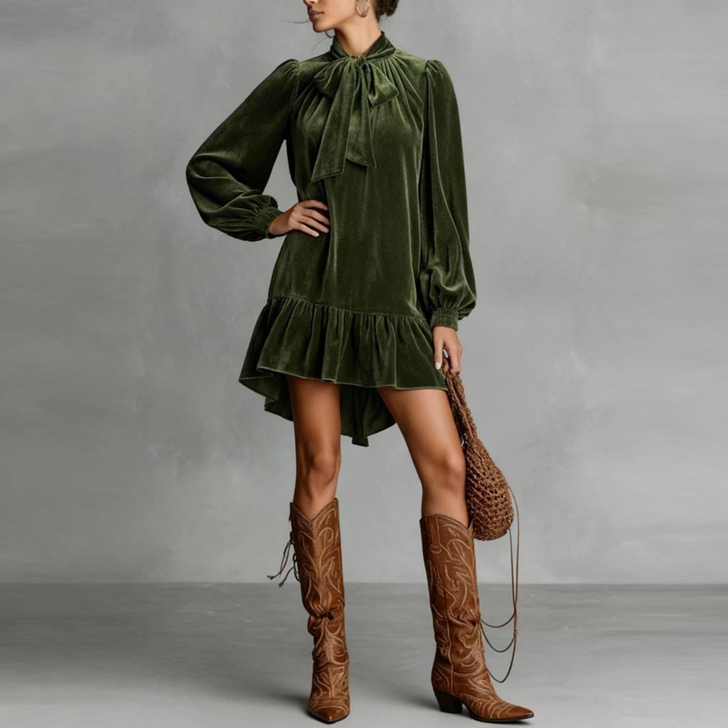 Rochii Mini A-line Largi la Modă pentru Femei Toamnă Iarnă Mânecă Lungă Guler Uni Rochie Scurtă Verde Elegantă