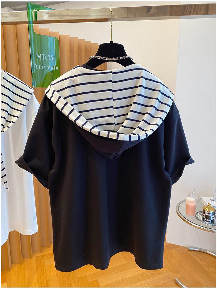 2025 Unisex Plus Size Striped Hooded Color Block Short Sleeve T-Shirt