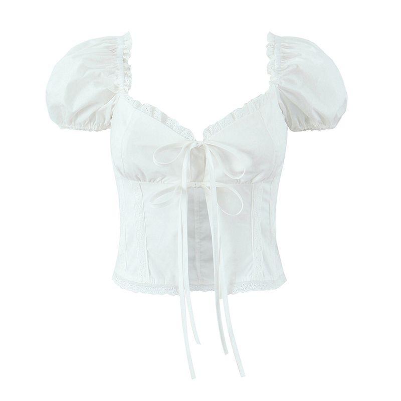 Luodao White Bell Summer French Pure Desire Wind Lace Lace Band Puff Sleeves Top and Skirt Vacation Suit