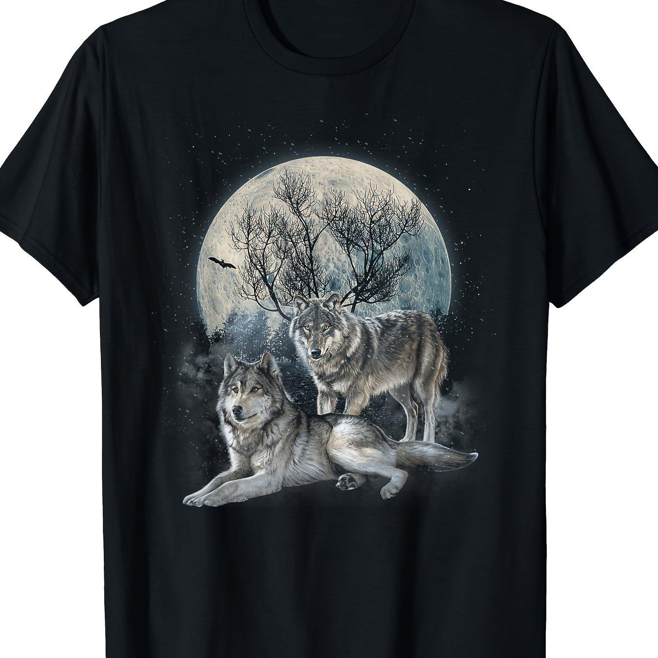 Wolf Moon Graphic Tee Men Casual Cotton Short Sleeve TShirt Breathable Night Animal Print S