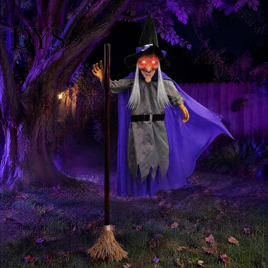 Spooky Halloween Gift for Adults 180cm Props, Flying Witch Decoration with Scary Sounds & Lights, Luminous Broom Garden Yard Lawn, Haunted House
