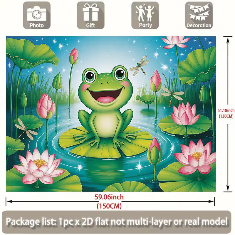2D Cartoon Frog Backdrop Lotus Pond Dragonfly Photography Background Banner