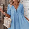 Women Elegant Loose Deep V Neck Lace Up A Line Woven Midi Dress