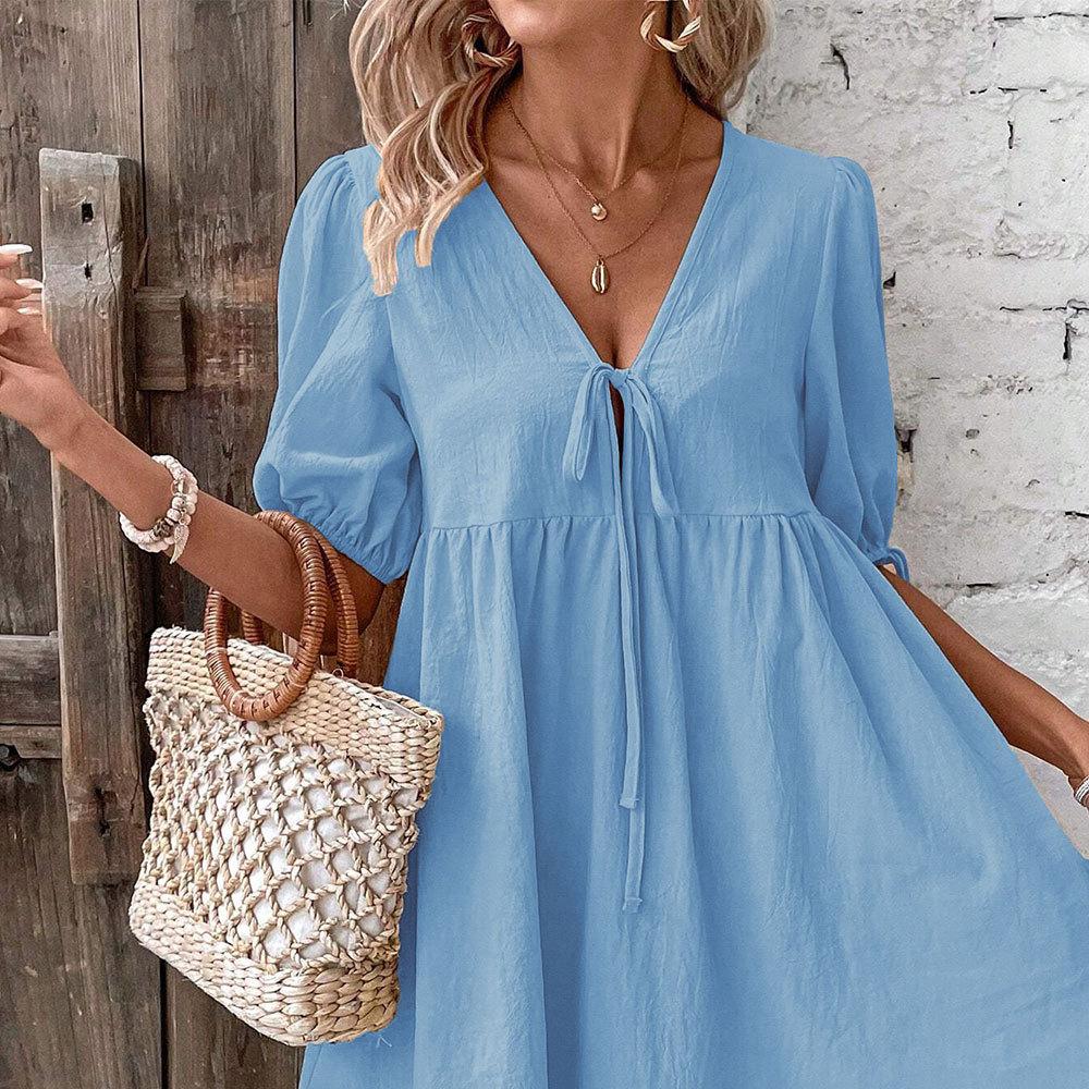 

DAFIFY женские модные летние весенние однотонные повседневные платья с короткими рукавами и v-образным вырезом со средней талией и принтом M синий