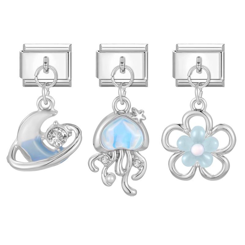 3Pcs/Set Brilliant Butterfly Moon Cherry Flowers Pendant Italian Charm Links Fit 9mm Stainless Steel Bracelet DIY Making Gift