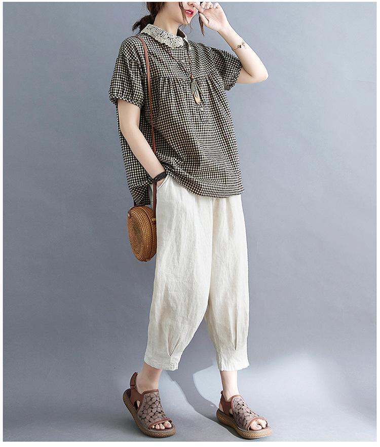 2021 Letní Nadměrná Velikost Patchwork Dámská Bavlněná Lněná Kostkovaná Košile s Peter Pan Límcem Zeštíhlující Krátký Rukáv