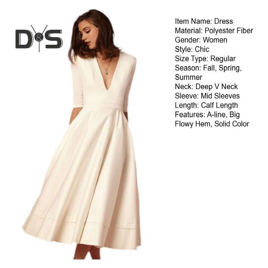 Women Midi Dress Deep V Neck A-line Flowy Hem Solid Color Half Sleeves Pure Color Dating Dress Prom Party Banquet Evening Dress