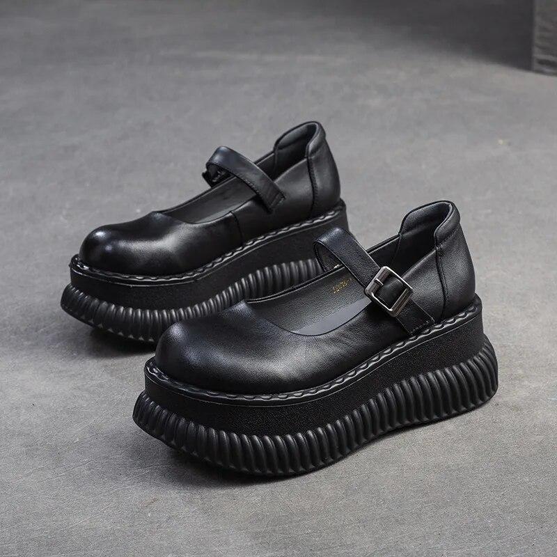 Johnature Scarpe Mary Janes Scarpe con plateau piatte in vera pelle Sandali con altezza della suola spessa con fibbia