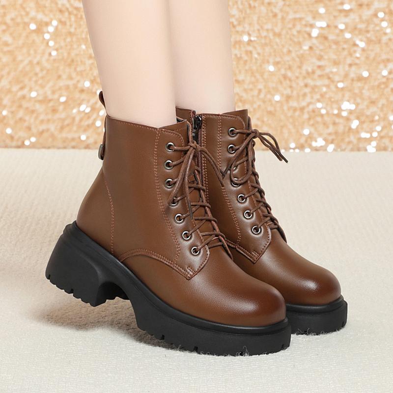 Snow Boots Women Genuine Leather Natural Wool Women Winter Boots British Wind Platform Women Ankle Boot