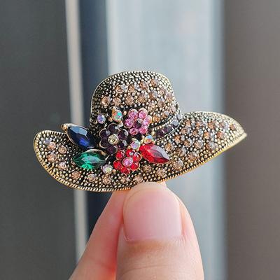 Vintage Alloy Rhinestone Flower Sun Hat Brooches For Women Trendy Clothing Brooch Pin Holiday Jewelry Accessories Gift