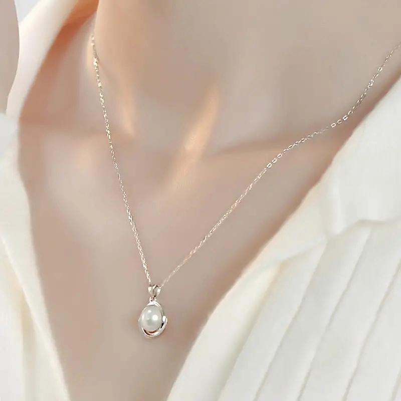 Huitan Simulated Pearl Lady Pendant Necklace  Color Inlaid Shiny CZ Elegant Wedding Party Accessories Trendy Daily Jewelry