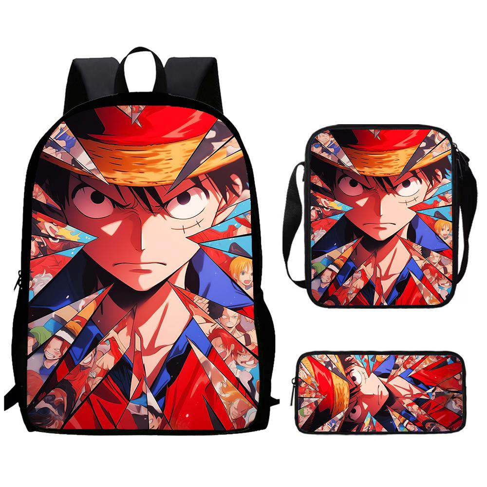 Cartoon One Piece 3pcs Lightweight Durable School Backpack with Crossbody Bag Pencil Case for Boys Girls Age 6-10 Primary School