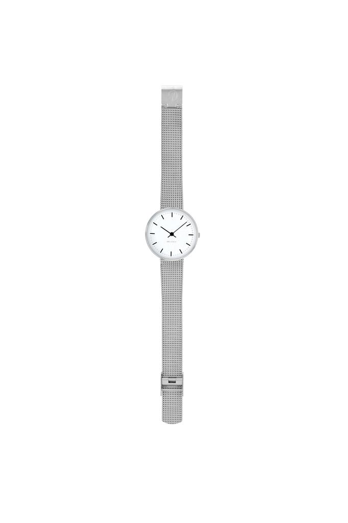 ARNE JACOBSEN CITYHALL 53200-1408 Wristwatch, 30mm, Scandinavian Design, Water Resistant (Quiet Design with No Second Hand), White with Silver Mesh