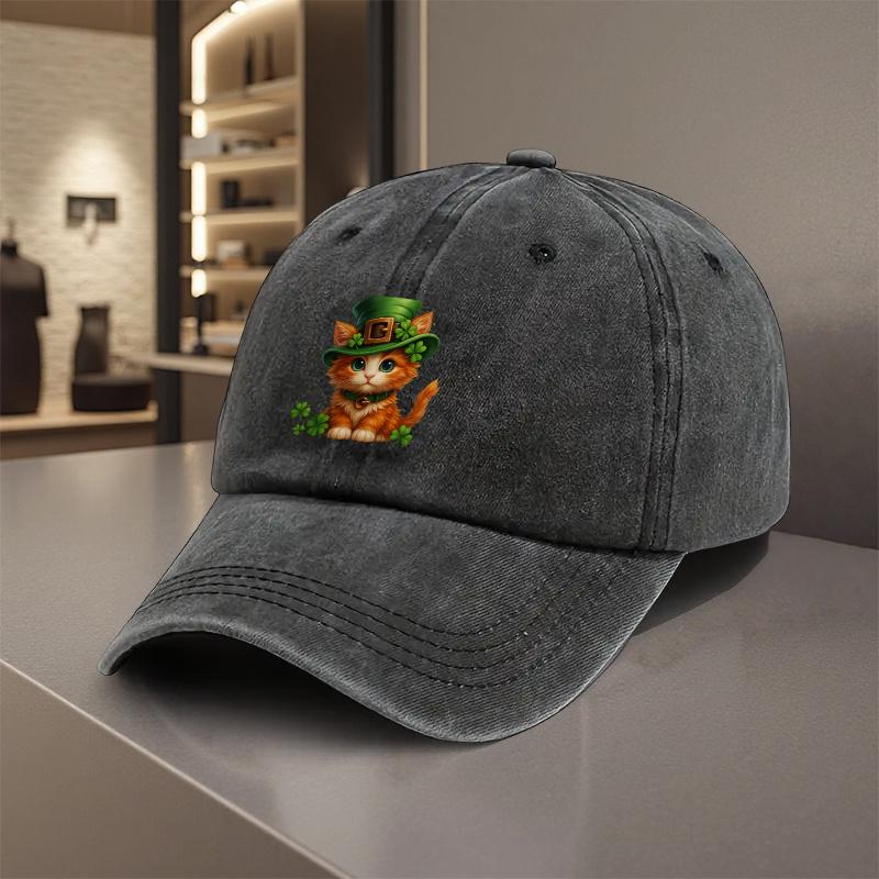 Kitten with Clover Hat Baseball Cap St Patricks Day Adjustable Polyester Casual Hat Unisex