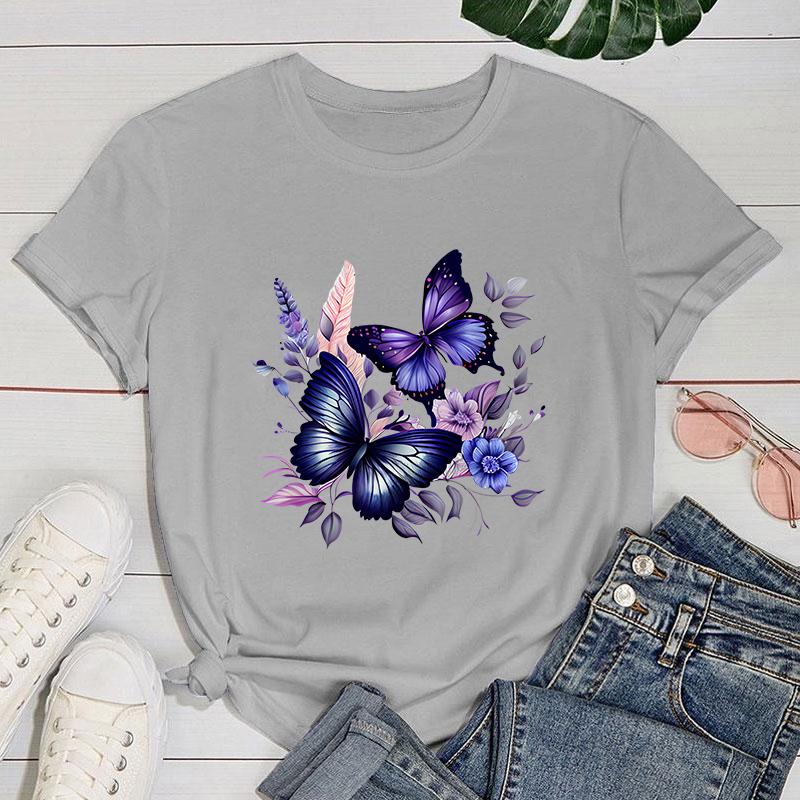 (Premium T-shirt)Hot Sales Flowers Butterfly T Shirts Women Summer Cool Short Sleeves Personality Harajuku T-Shirt