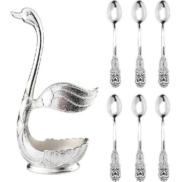 Flylin Coffee Spoon Set, Creative Coffee Spoon Holder 6pcs Small Espresso Spoons with Swan Base Holder Mini Silver Dessert Spoons for Coffee Dessert